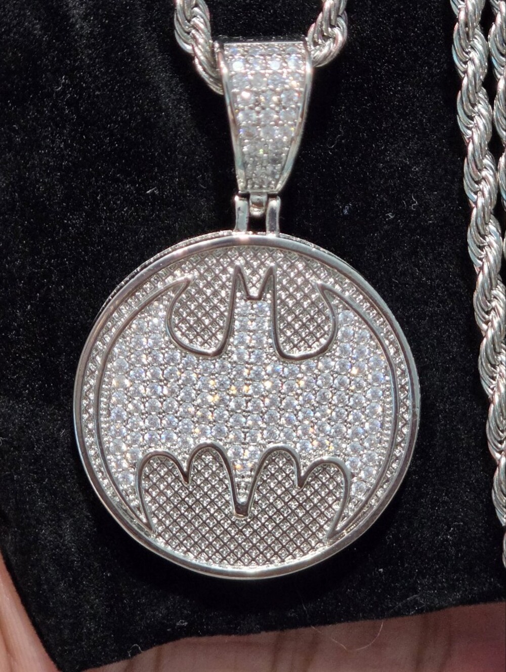Silver Crystal Batman-Inspired Round Pendant Necklace -